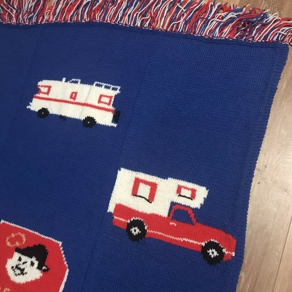 Vintage Good Sam Club Knit Throw Blanket Blue White Red 70s 80s Camping RV - Picture 6 of 7